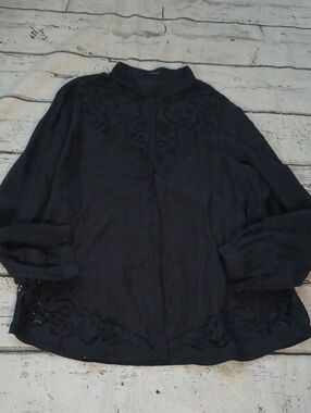 Elie Tahari Black Lace Accent Cotton Blend Long Sleeve Button Up Blouse XL
